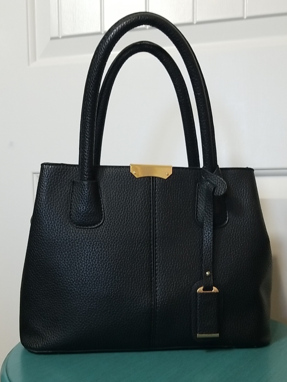 Classic Black Vegan Leather Hand Bag Purse with Gold Accent & Feet